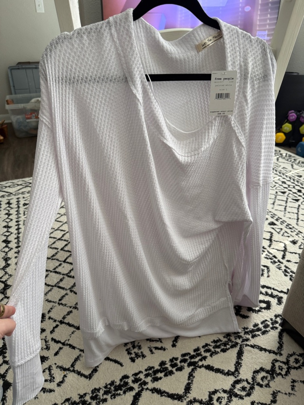 Free People White Waffle-Knit Lightweight Hoodie Top